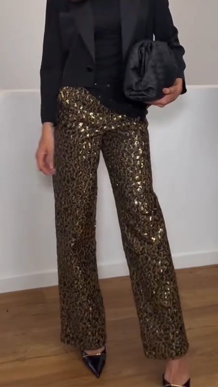 Women High Waisted Printed Sequin Casual Pants