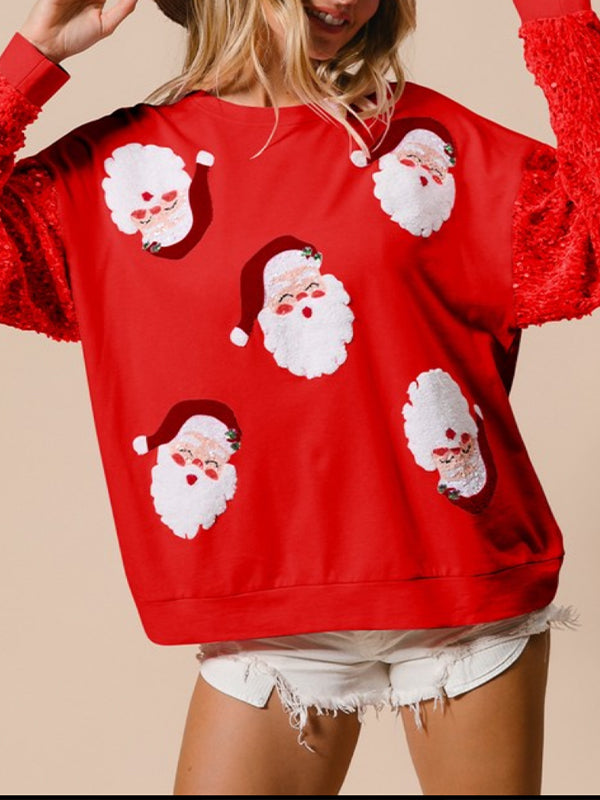Women Round Neck Spliced sequined Sleeves Christmas Element Printed Casual Top