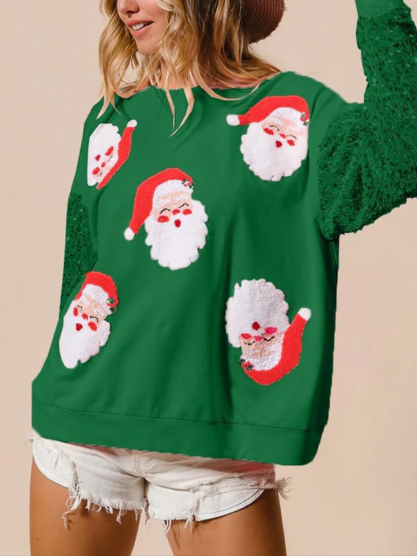 Women Round Neck Spliced sequined Sleeves Christmas Element Printed Casual Top