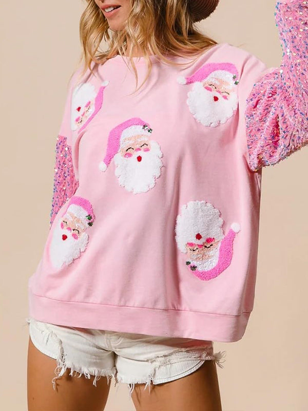 Women Round Neck Spliced sequined Sleeves Christmas Element Printed Casual Top