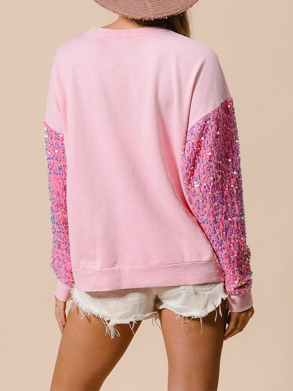 Women Round Neck Spliced sequined Sleeves Christmas Element Printed Casual Top