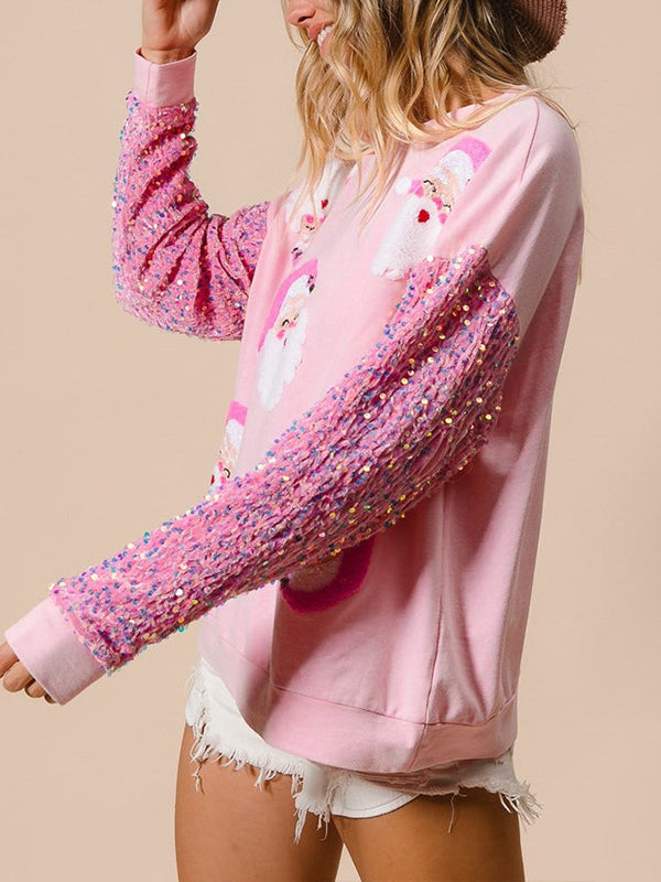 Women Round Neck Spliced sequined Sleeves Christmas Element Printed Casual Top