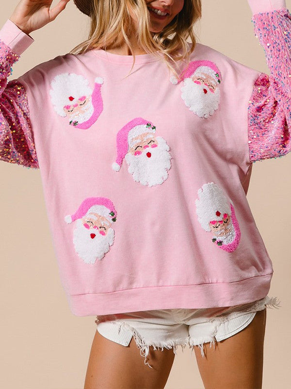 Women Round Neck Spliced sequined Sleeves Christmas Element Printed Casual Top