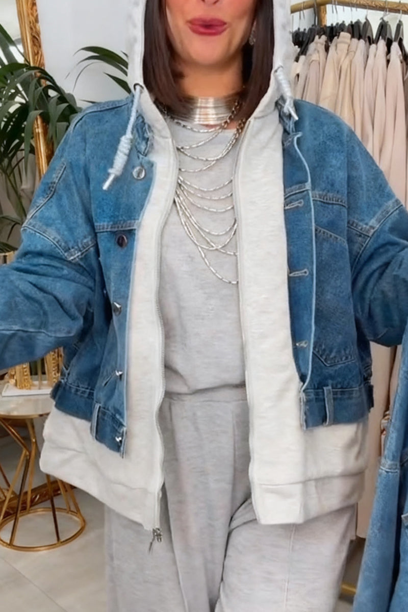 Women Hooded Patchwork Denim Casual Fake Two-piece Jacket