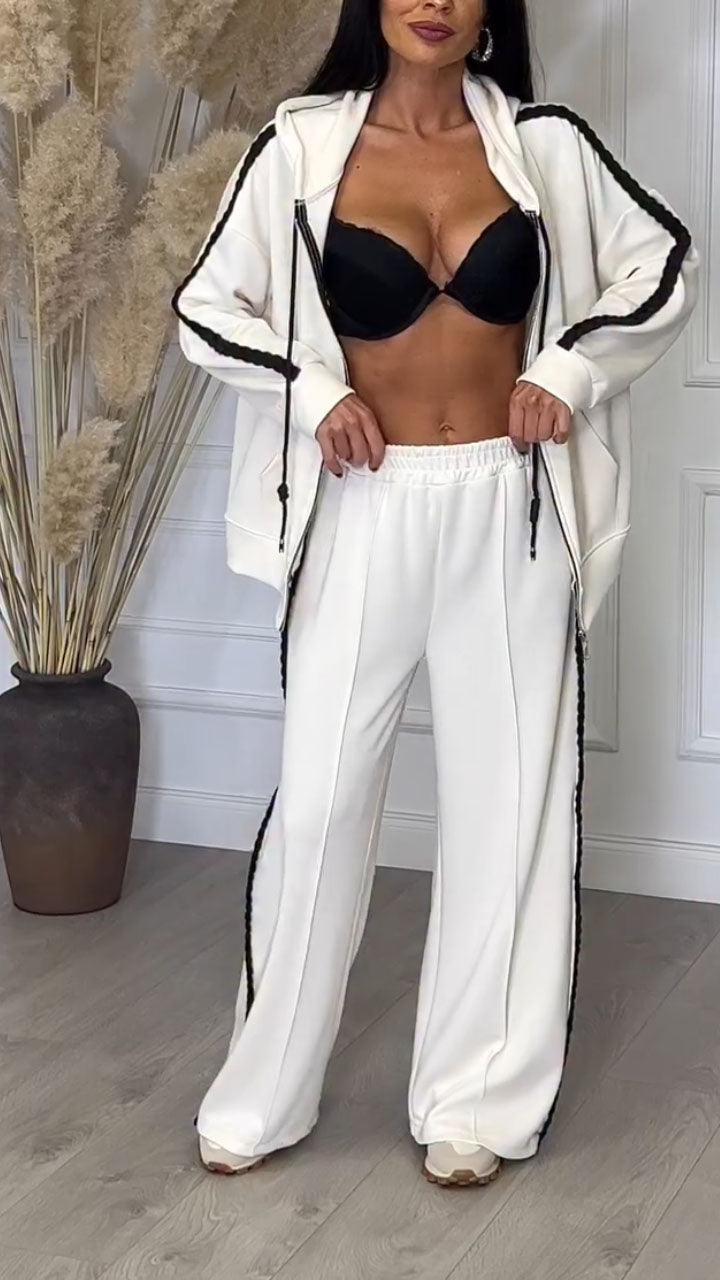 Womens Hooded Drawstring Jacket + Pants Casual Set