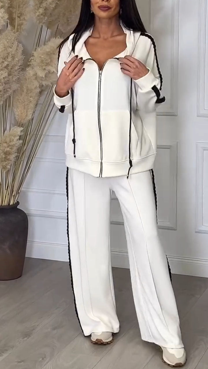 Womens Hooded Drawstring Jacket + Pants Casual Set