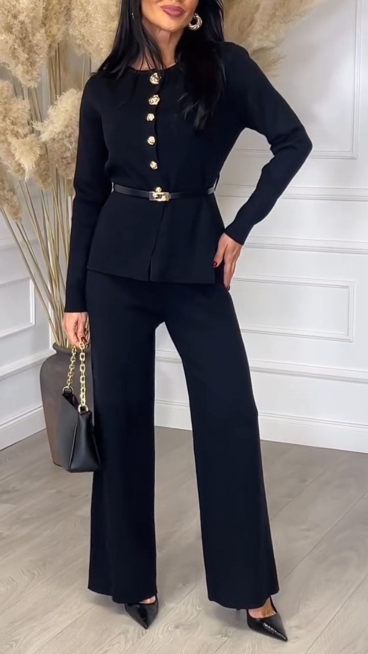 Women Round Neck Button-down Jacket + Trousers Temperament Casual Suit