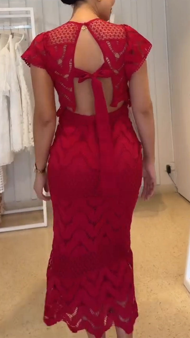 Women Round Neck Printed Hollow-Out Elegant Temperament Suit