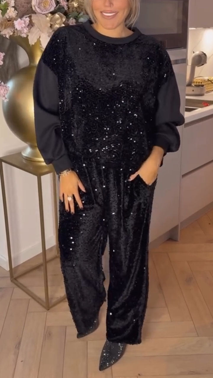 Women Round Neck Sequined Patchwork Sweatshirt + Pants Casual Set