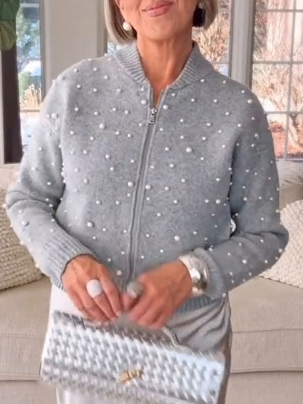 Women Round Neck Pearl-embellished Casual Knit Cardigan