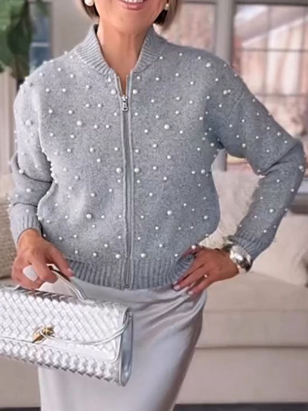 Women Round Neck Pearl-embellished Casual Knit Cardigan