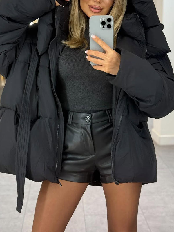 Women Hooded Solid Color Casual Cotton Jacket