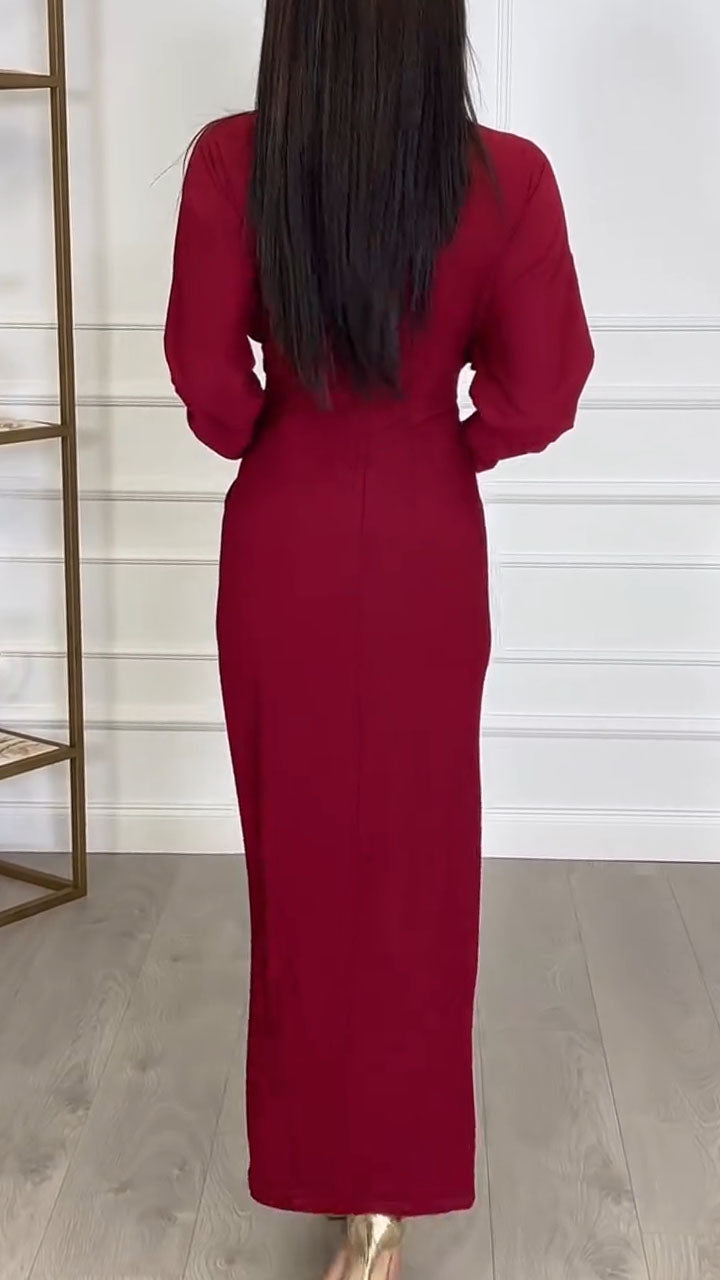 Women Round Neck Waist Metal Buckle Decoration Elegant Temperament Dress