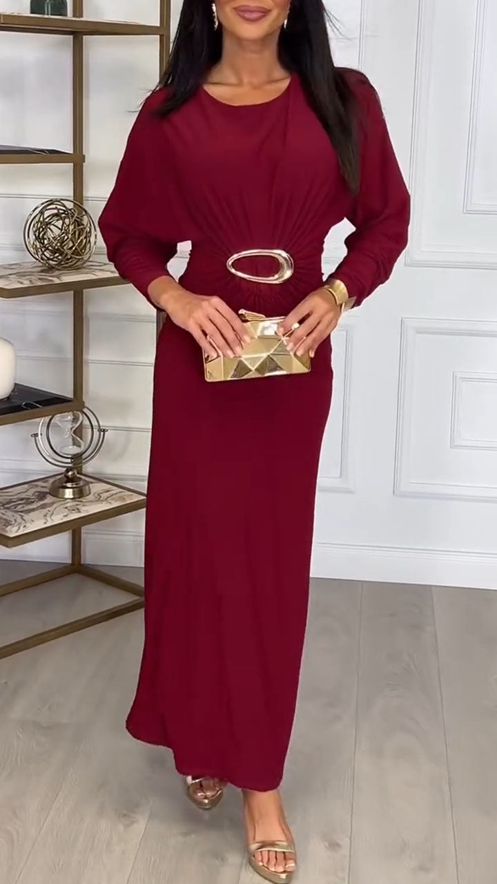 Women Round Neck Waist Metal Buckle Decoration Elegant Temperament Dress