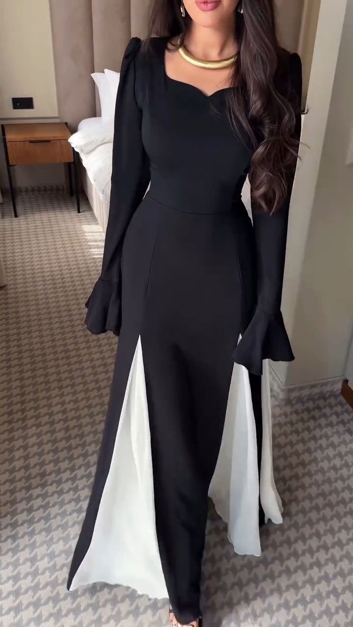 Women Patchwork Color Blocked Waist Elegant Temperament Dress