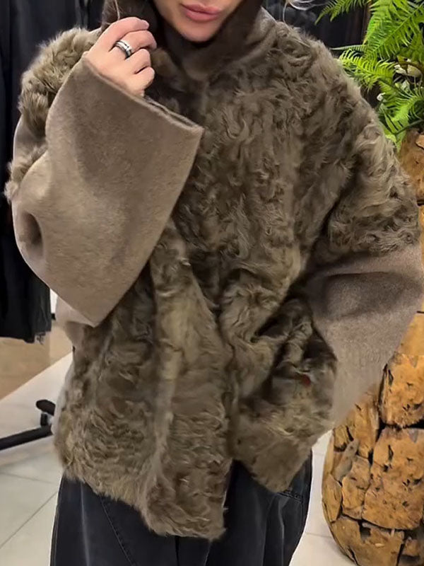 Women Collared Patchwork Casual Plush Coat