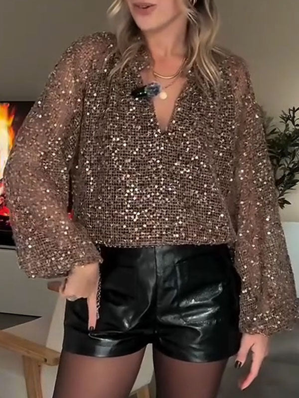Women Lapel Sequined Sparkling Casual Top