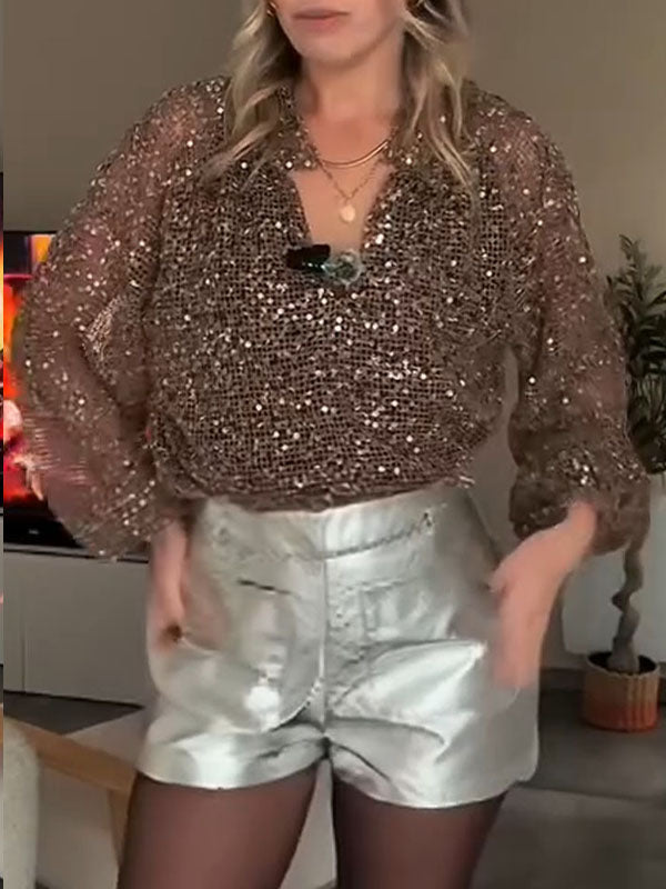 Women Lapel Sequined Sparkling Casual Top
