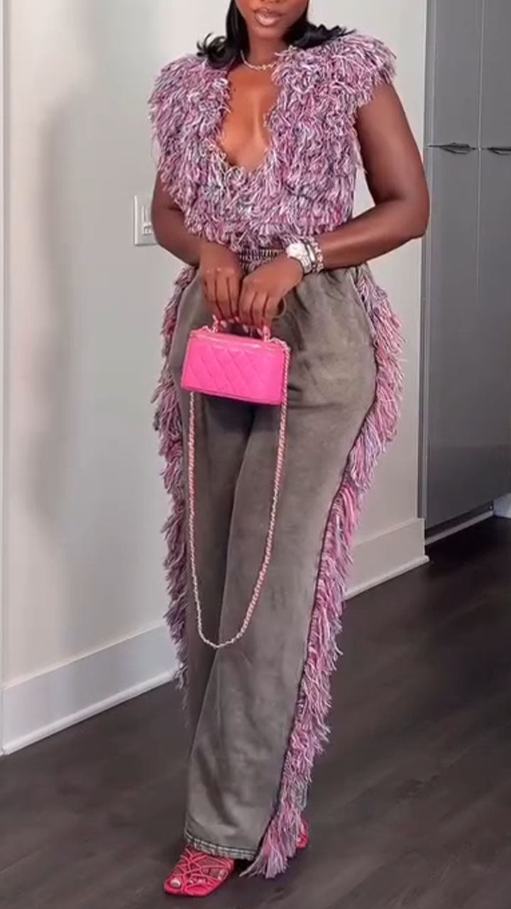 Women Deep U-neck Back Hollow Woolen Top+ Pants Casual Suit