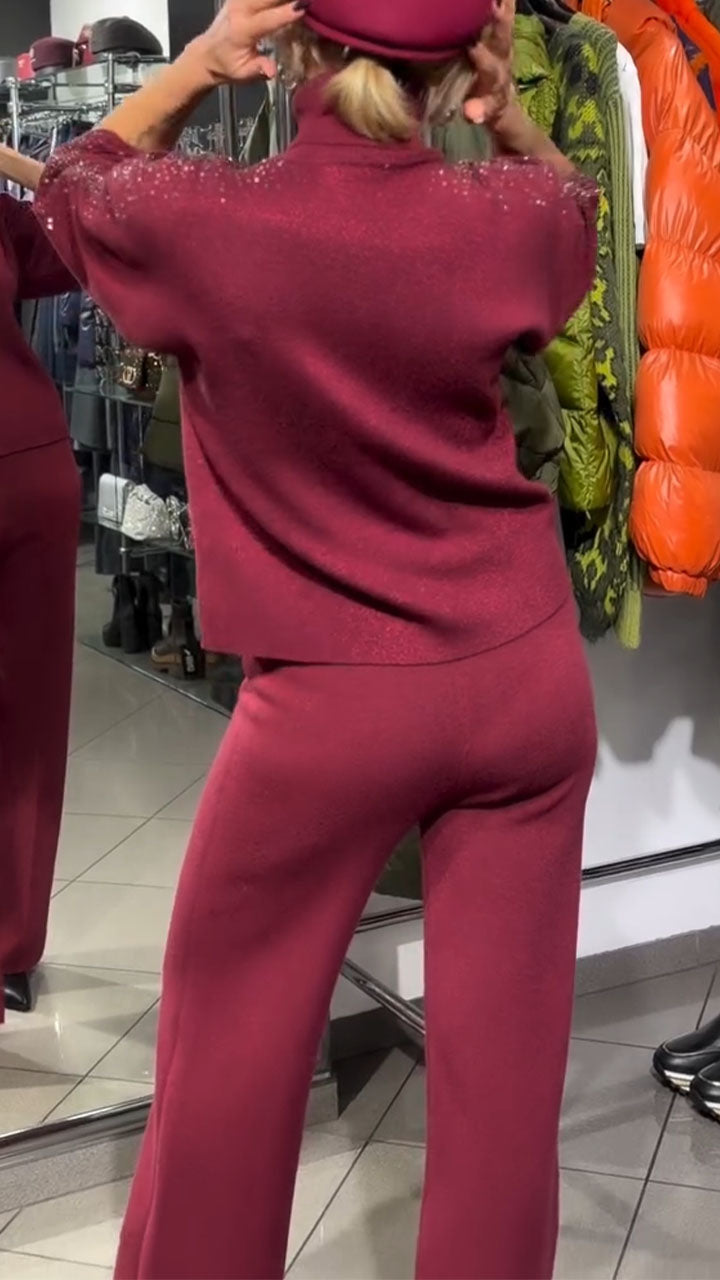 Women High Neck Rhinestone Top+ Pants Solid Color Casual Suit