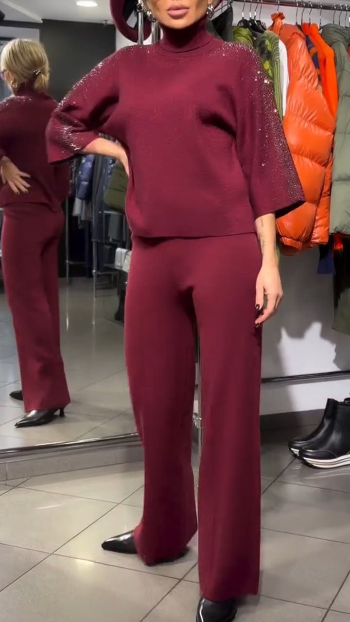 Women High Neck Rhinestone Top+ Pants Solid Color Casual Suit