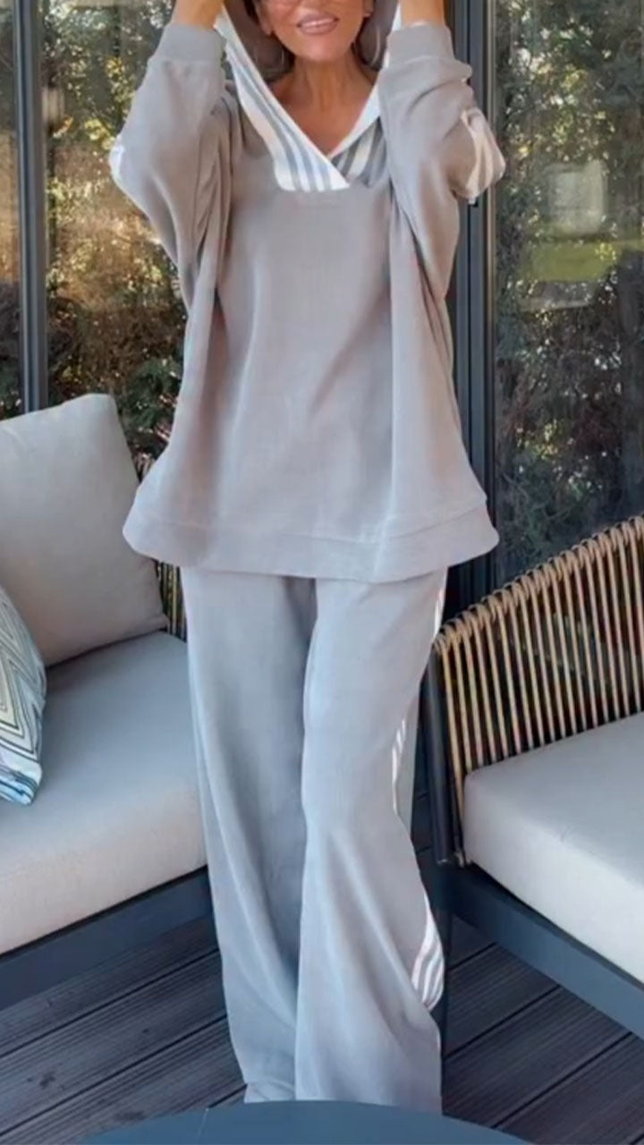 Women Hooded Vertical Stripe Loose Casual Suit