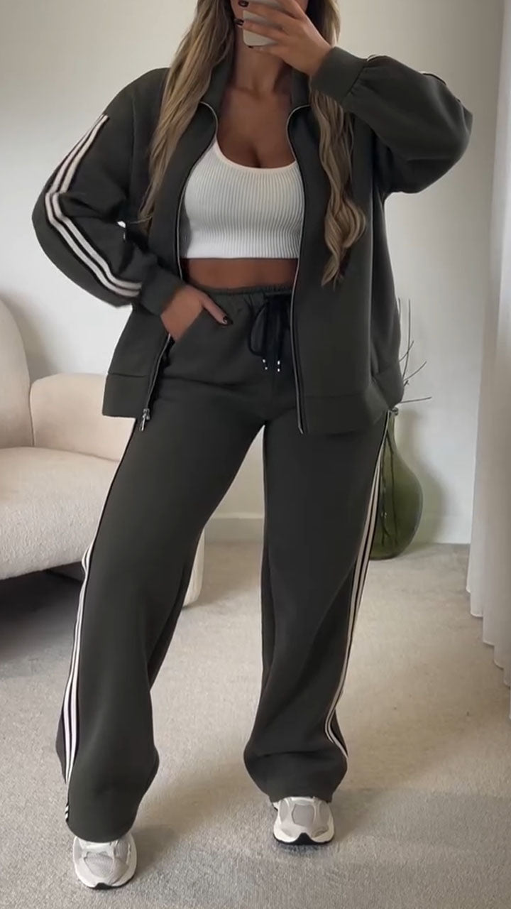 Women Laple Collar Vertical Patterned Jacket+ Pants Casual Suit