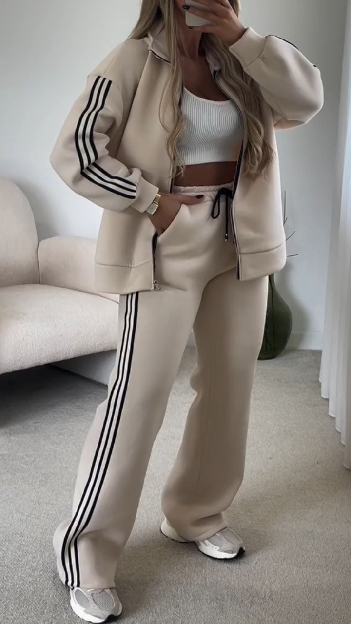 Women Laple Collar Vertical Patterned Jacket+ Pants Casual Suit