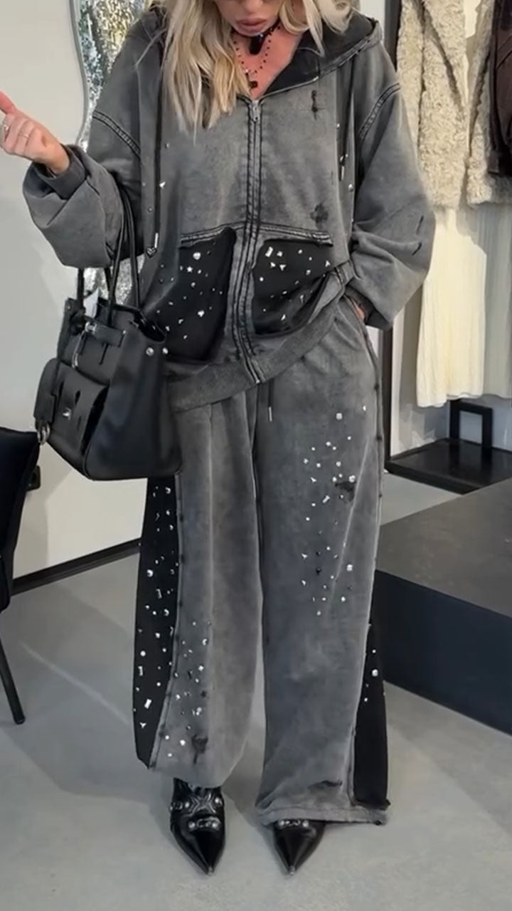 Women Hooded Drawstring Diamond Jacket+ Pants Casual Set