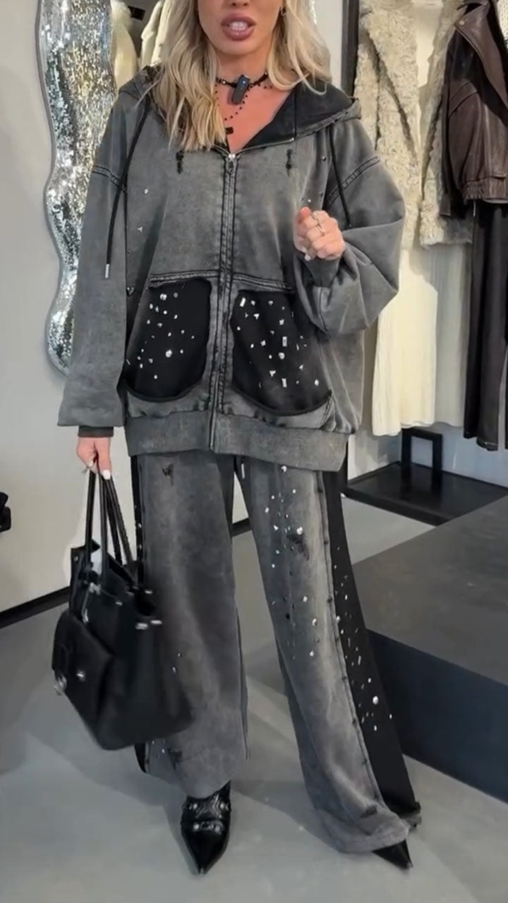 Women Hooded Drawstring Diamond Jacket+ Pants Casual Set