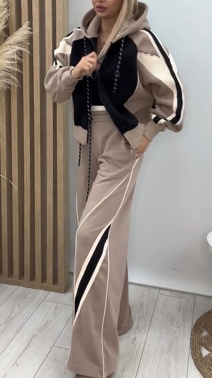 Women Hooded Drawstring Contrasting Jacket+ Pants Casual Set