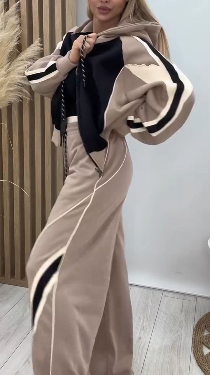 Women Hooded Drawstring Contrasting Jacket+ Pants Casual Set