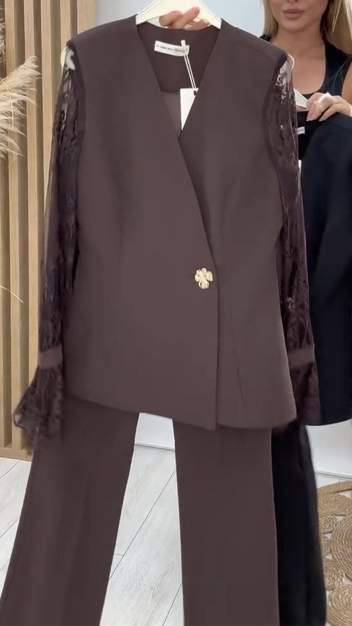 Women Patchwork Printed Transparent Sleeve Jacket+ Pants Temperament Commuting Set