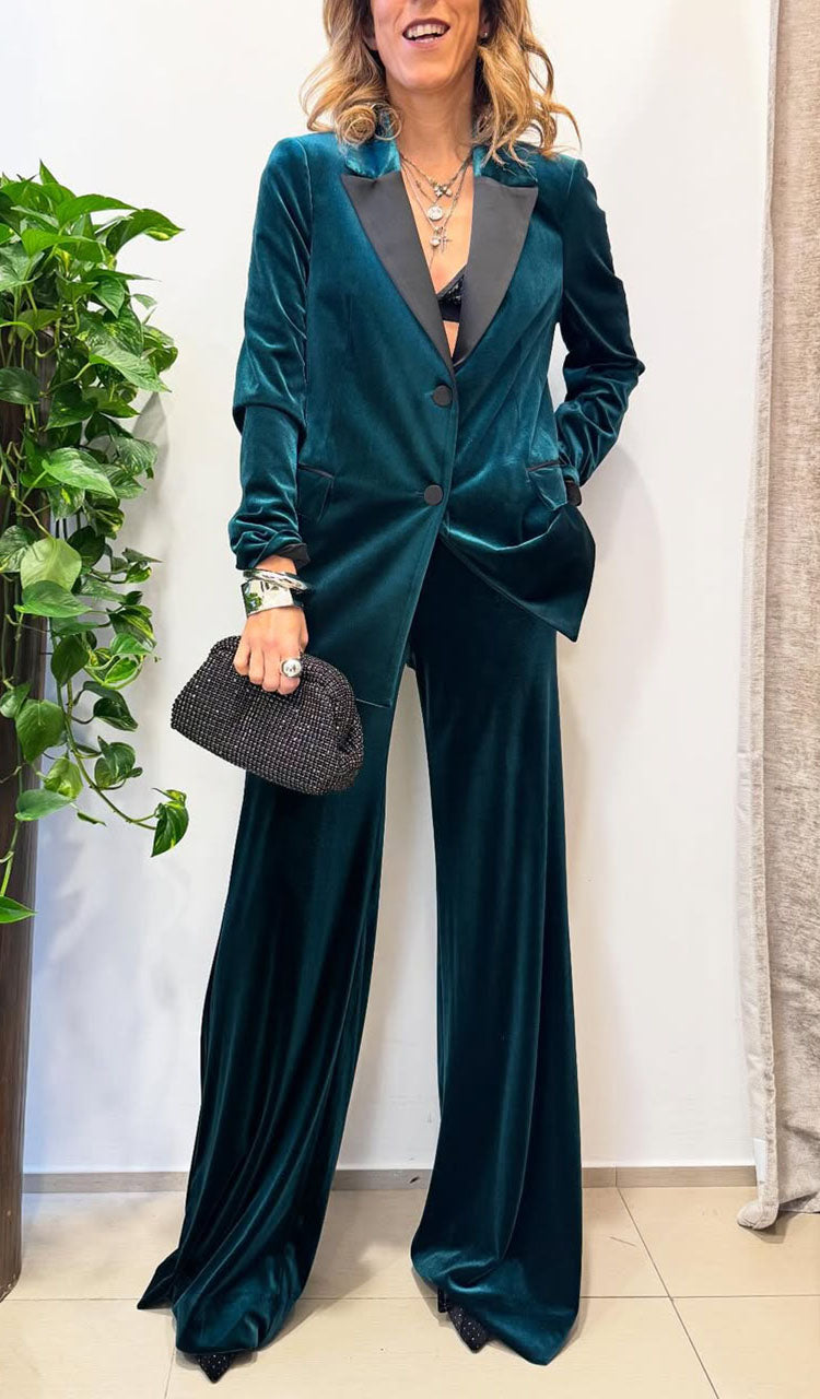 Women Collar Velvet Jacket+ Pants Temperament Dinner Casual Set