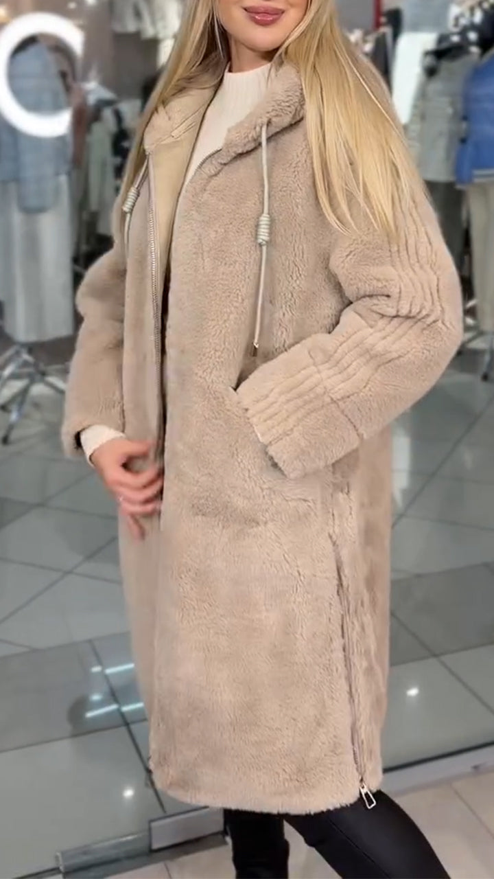 Women Hooded Drawstring Casual Plush Coat