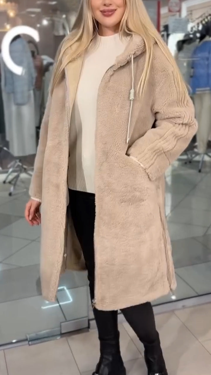 Women Hooded Drawstring Casual Plush Coat