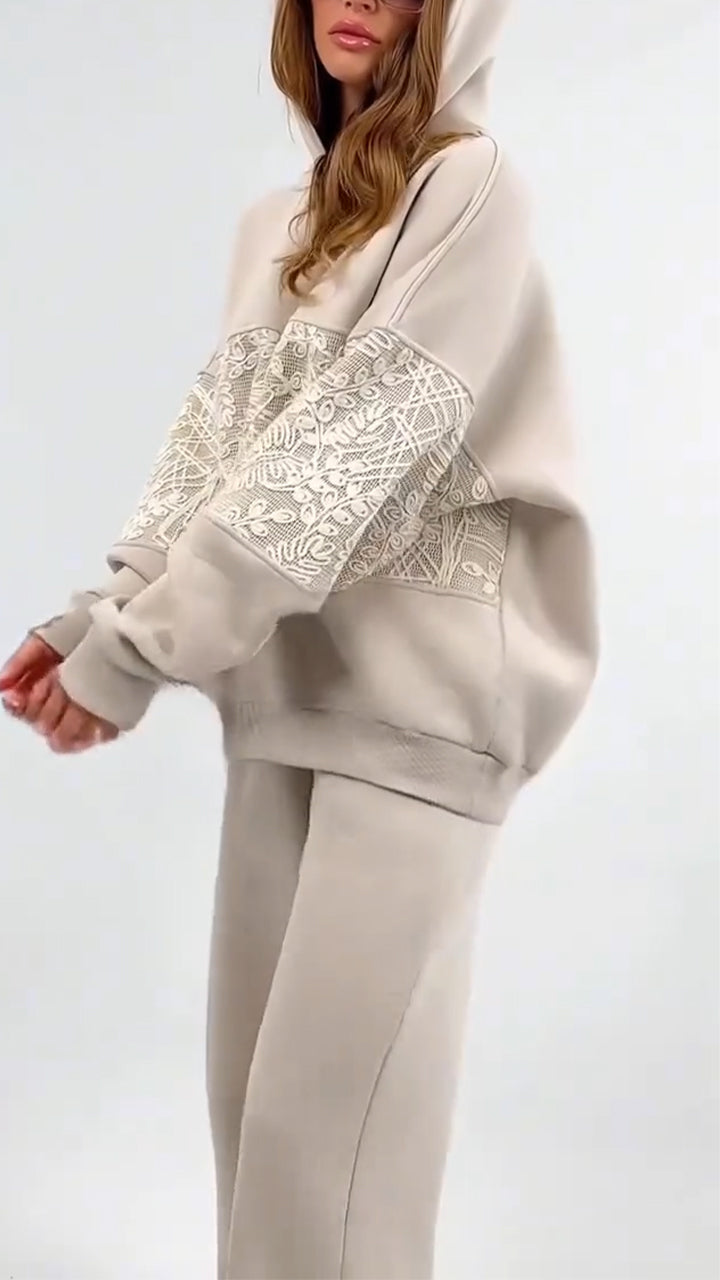 Women Hooded Patchwork Embroidered Pattern Hoodie+ Pants Casual Set