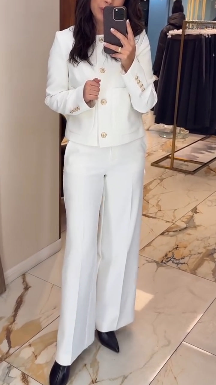 Women Round Neck Breasted Jacket+ Pants Temperament Leisure Suit