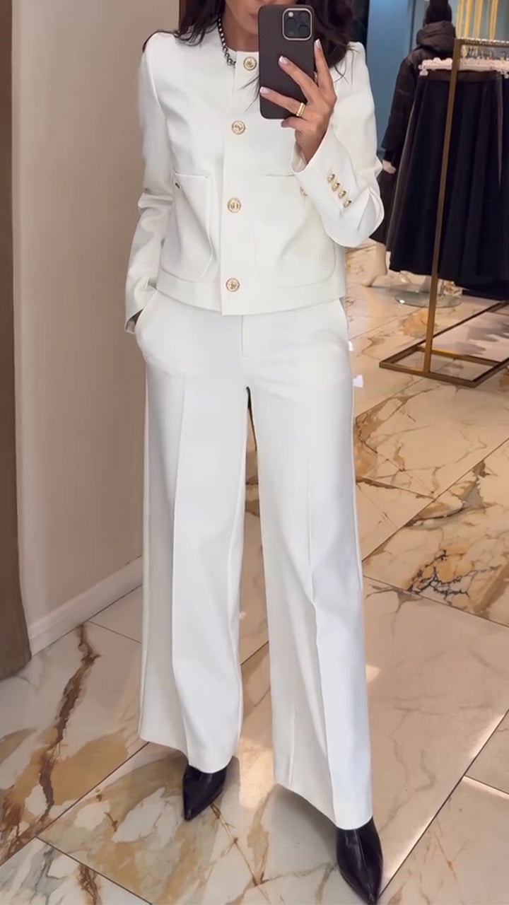 Women Round Neck Breasted Jacket+ Pants Temperament Leisure Suit