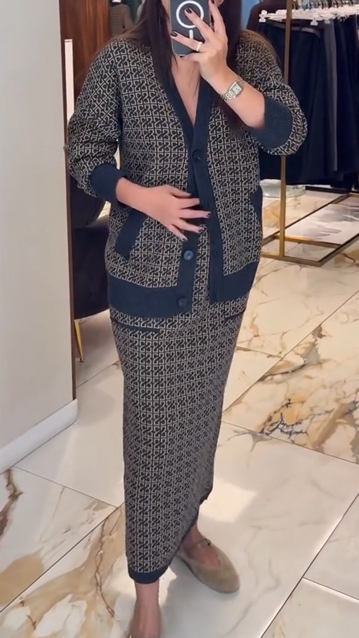 Women Printed Cardigan+ Skirt Elegant Casual Set