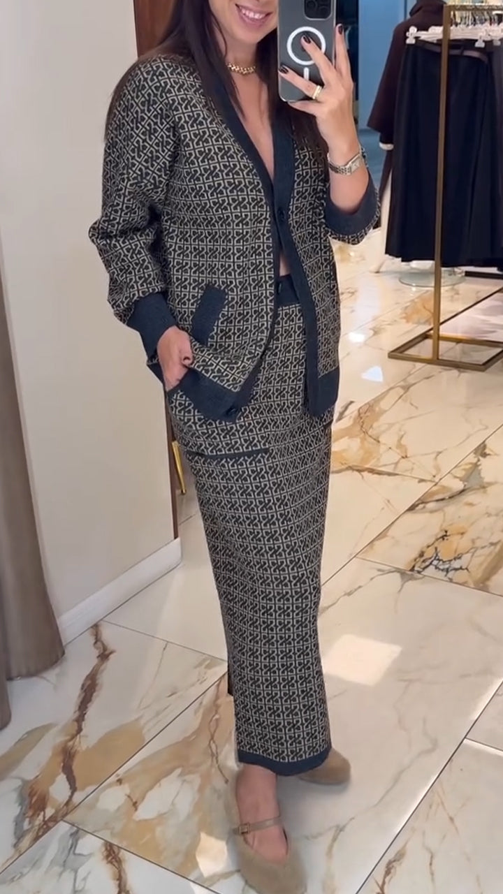 Women Printed Cardigan+ Skirt Elegant Casual Set