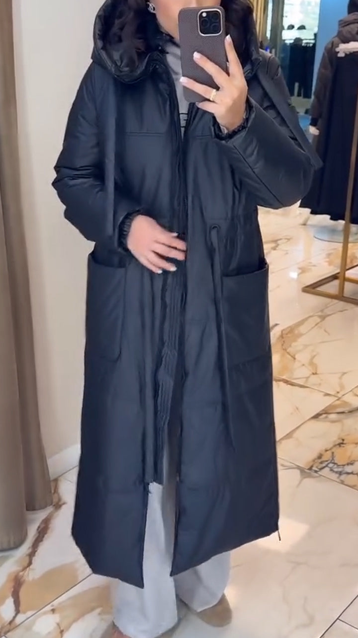 Women Hooded Waist Drawstring Solid Color Casual Cotton Jacket