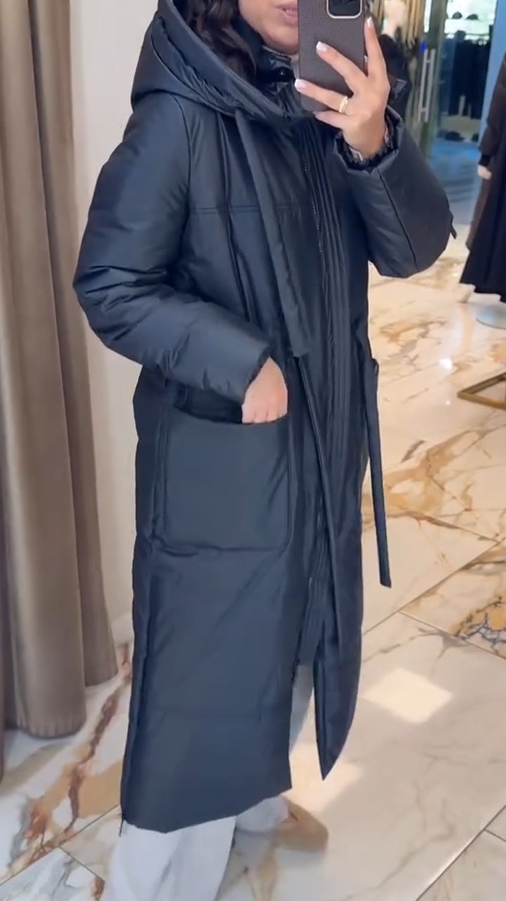 Women Hooded Waist Drawstring Solid Color Casual Cotton Jacket