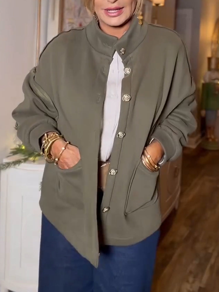 Women Round Neck Button-down Casual Jacket