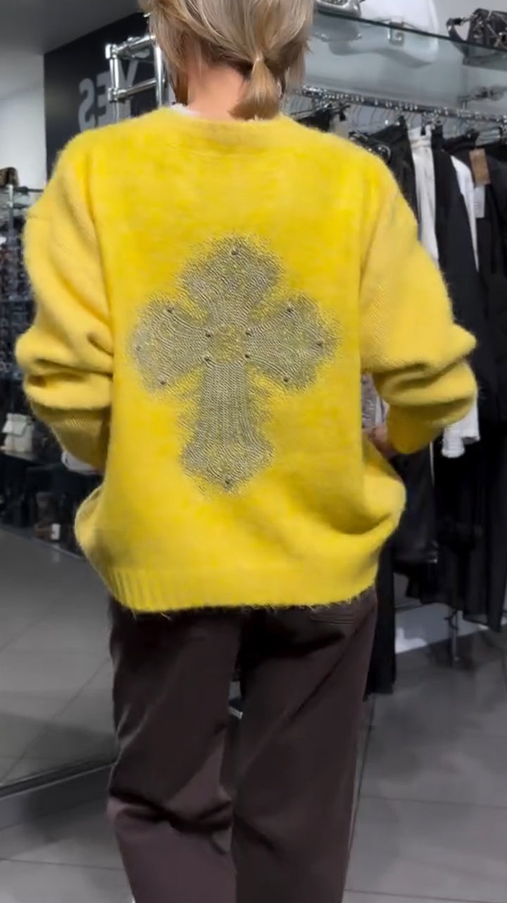 Women V-neck Rhinestone Print Casual Sweater