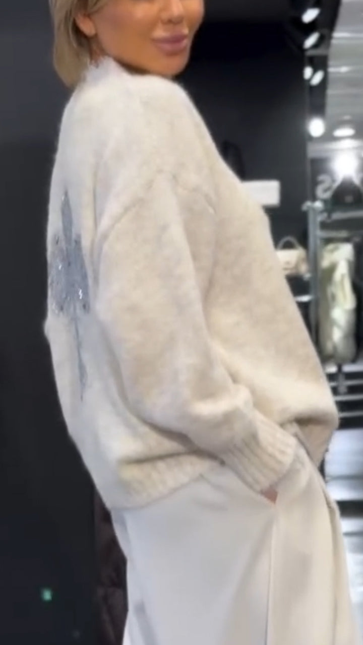 Women V-neck Rhinestone Print Casual Sweater