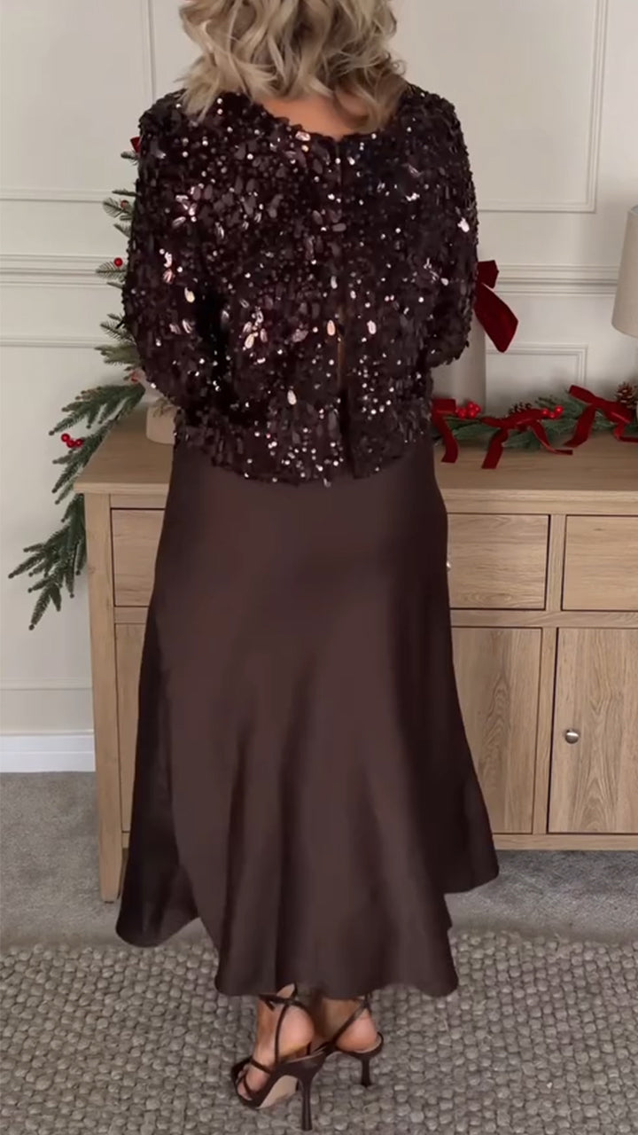 Womens Round Neck Sequined Top + Skirt Elegant Casual Suit