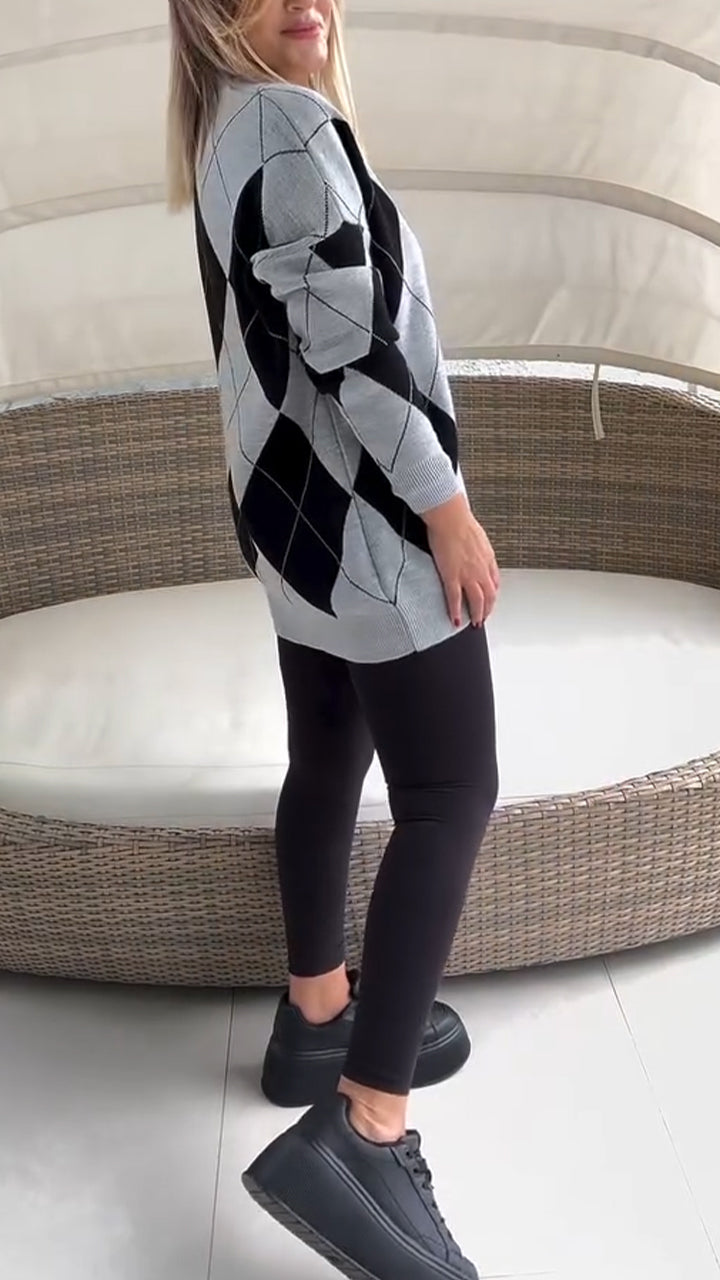 Women Round Neck Plaid Knit Top + Slim Fit Trousers Casual Suit