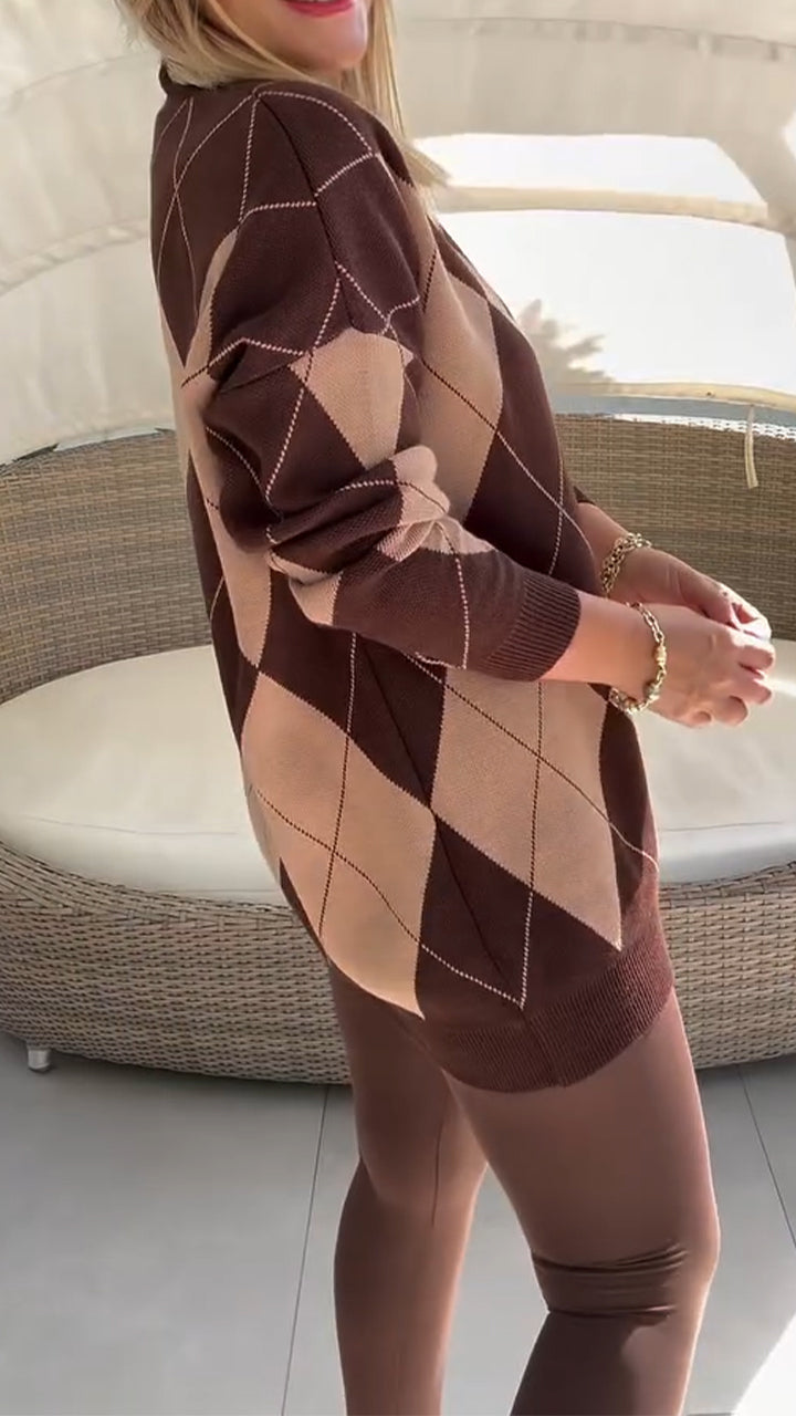 Women Round Neck Plaid Knit Top + Slim Fit Trousers Casual Suit