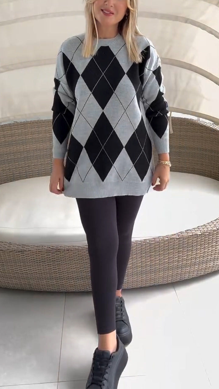 Women Round Neck Plaid Knit Top + Slim Fit Trousers Casual Suit